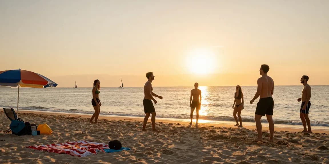 Tampilkan suasana ceria di pantai saat senja dengan teman bermain voli, mengaitkan Link LUXURY777 dalam kebersamaan dan kebahagiaan.