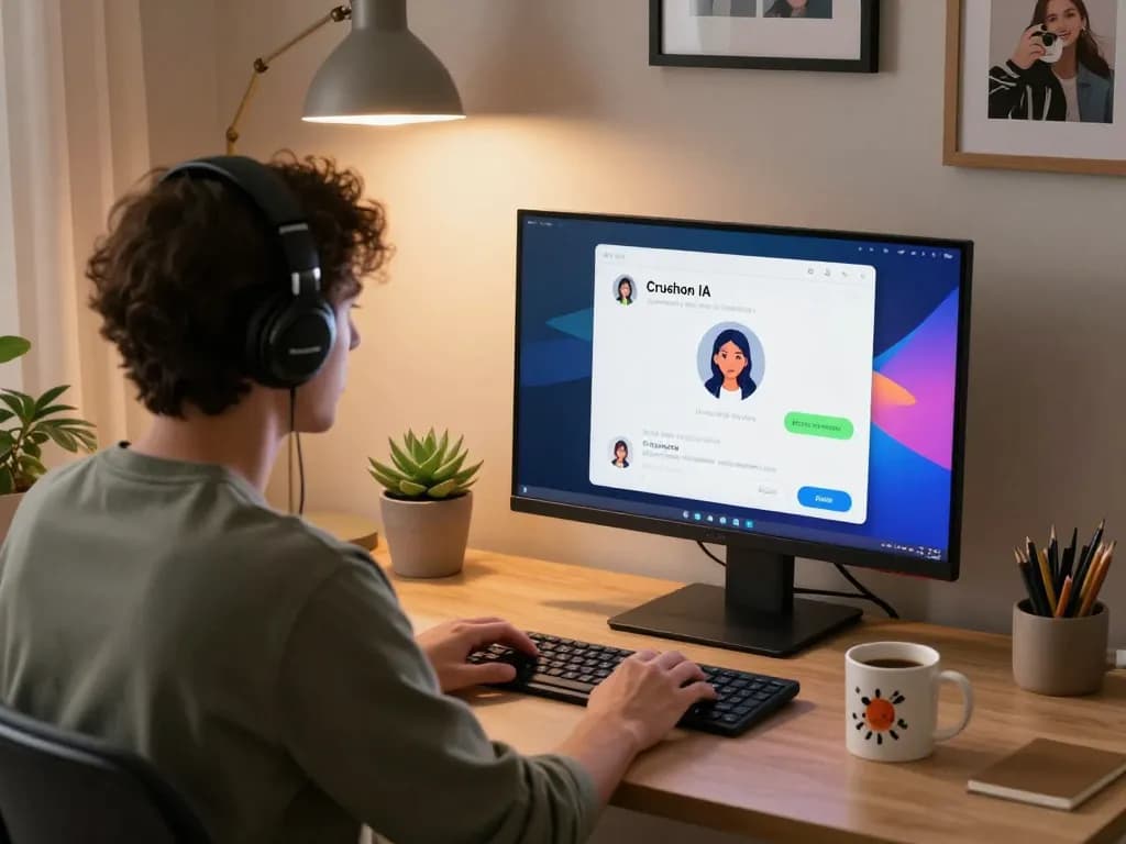 Immersive Crushon IA chatbot interaction in a cozy workspace setting.