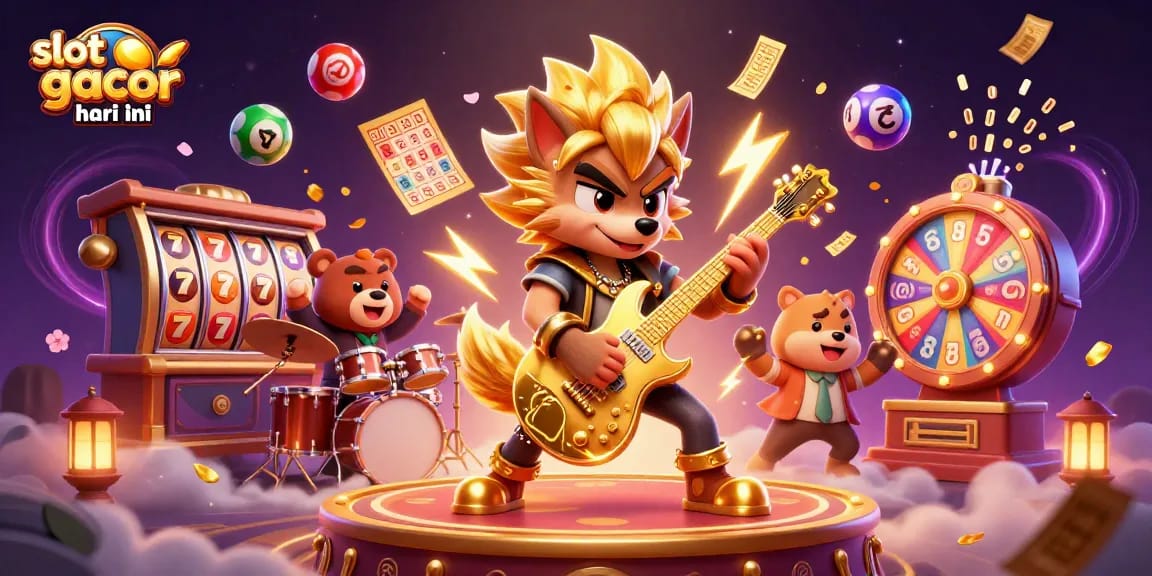Win big with exciting slot gacor hari ini games as a rock star wolf performs on stage.