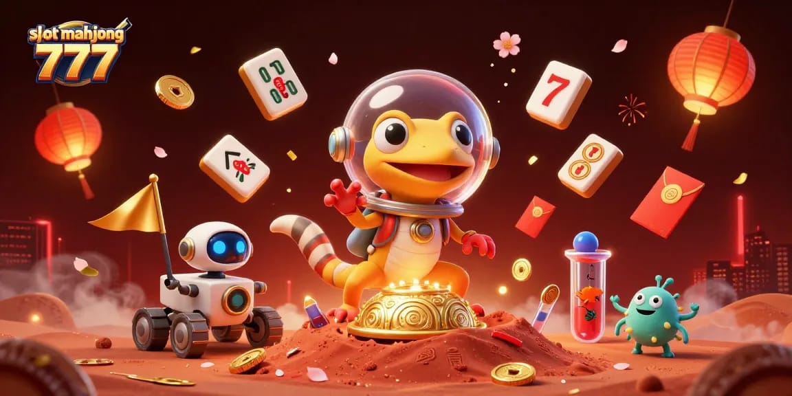 Experience the excitement of slot mahjong 777 with a vibrant 3D illustration featuring a Martian gecko in a casino.