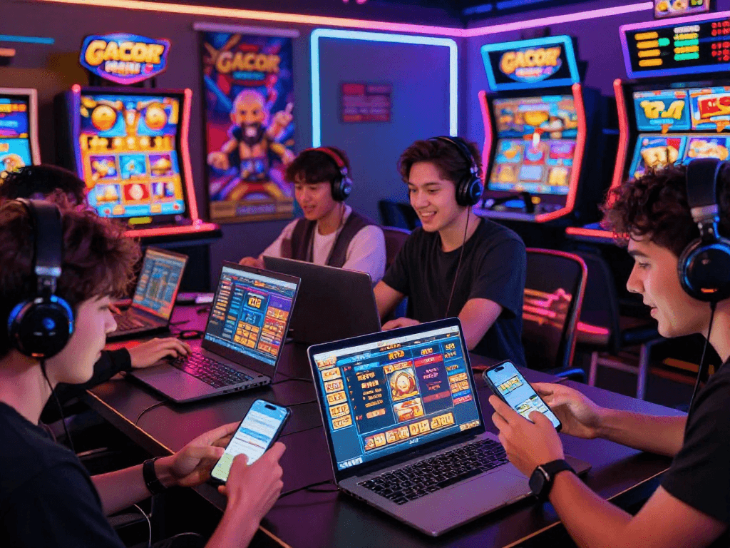 Exciting online gaming experience with diverse players enjoying slot gacor hari ini, showing vibrant game screens and neon lights in a modern digital casino atmosphere.