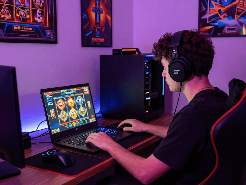 Engaging individual playing situs slot games online with vibrant graphics and a modern gaming setup.