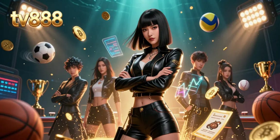 Engage in thrilling sports betting action with tv888, featuring dynamic 3D elements, sports balls, and Bitcoin coins.