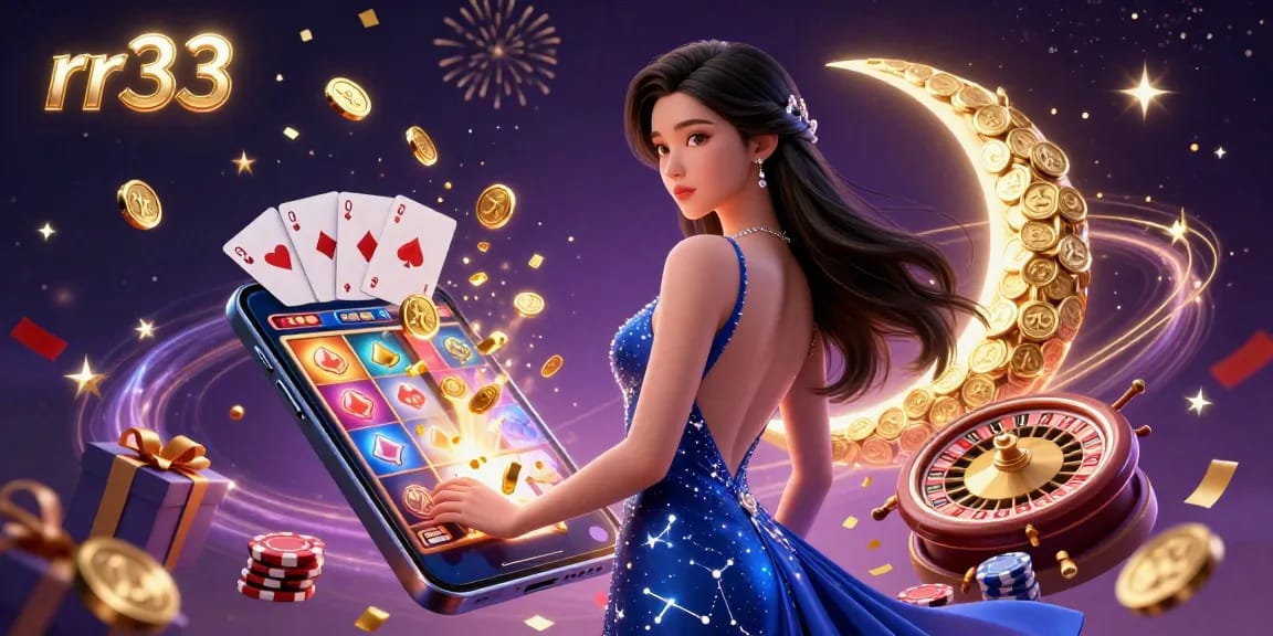 Experience the thrill of rr33 with an elegant Asian woman in a casino scene surrounded by vibrant gaming elements.