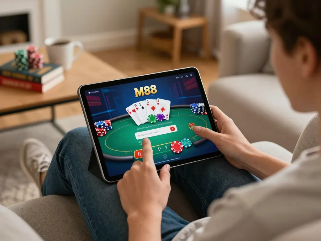 Terlibat dalam permainan kasino online dengan M88 login di tablet, menampilkan suasana rumah yang dinamis.