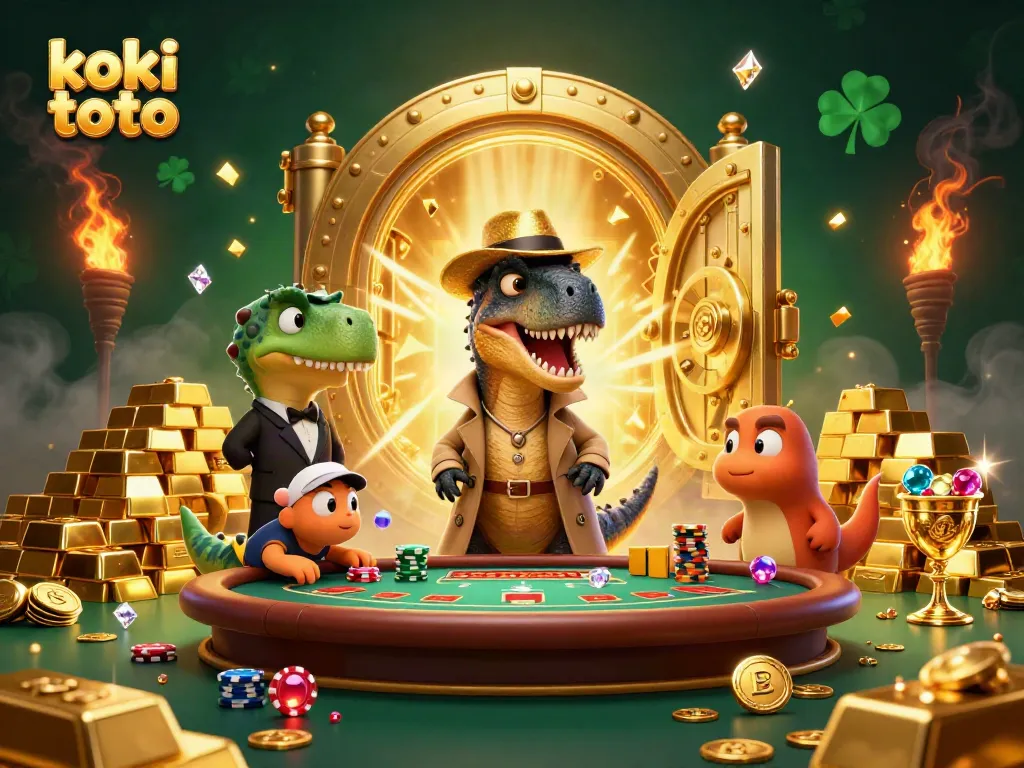 Permainan koki toto yang seru dengan dino di meja blackjack dan tumpukan emas menyala.