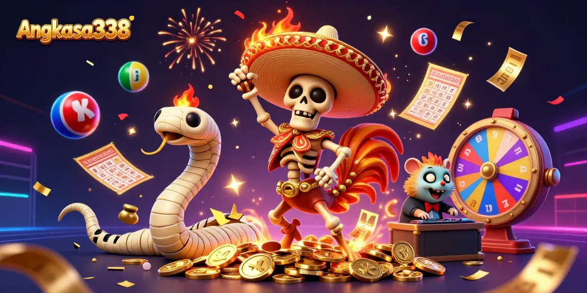 Win big with angkasa338 in this lively casino-themed celebration featuring dancing characters and lottery excitement.