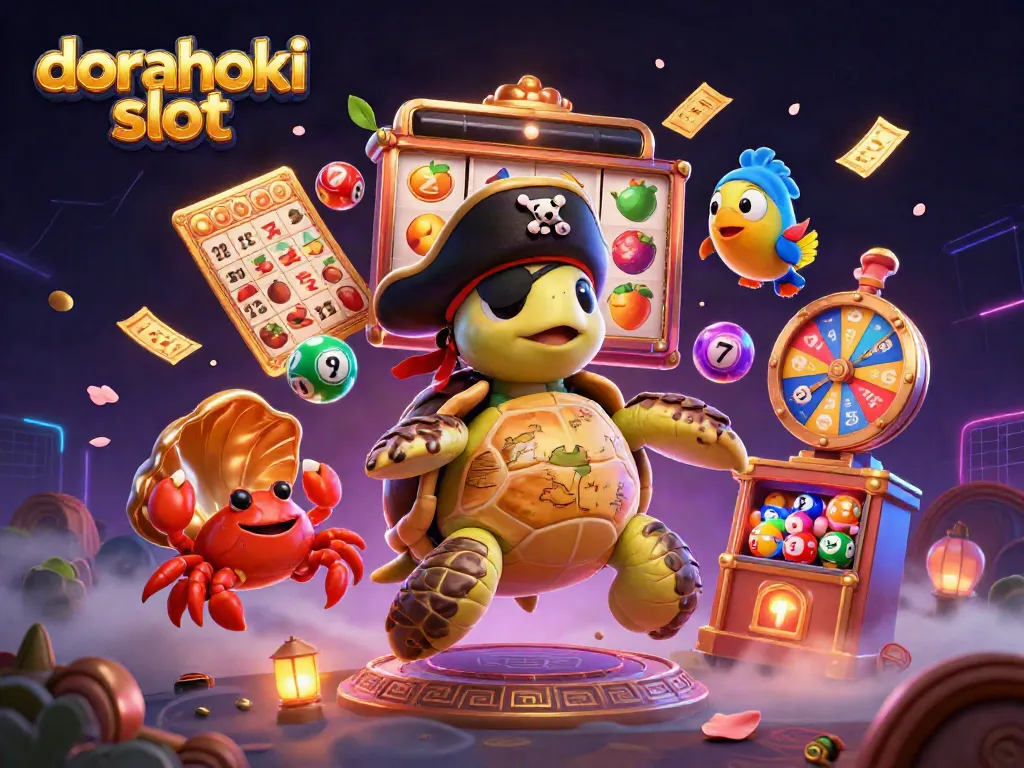 Permainan dorahoki slot dengan karakter animasi laut yang berinteraksi, dikelilingi bola lotere berwarna dan efek jackpot.