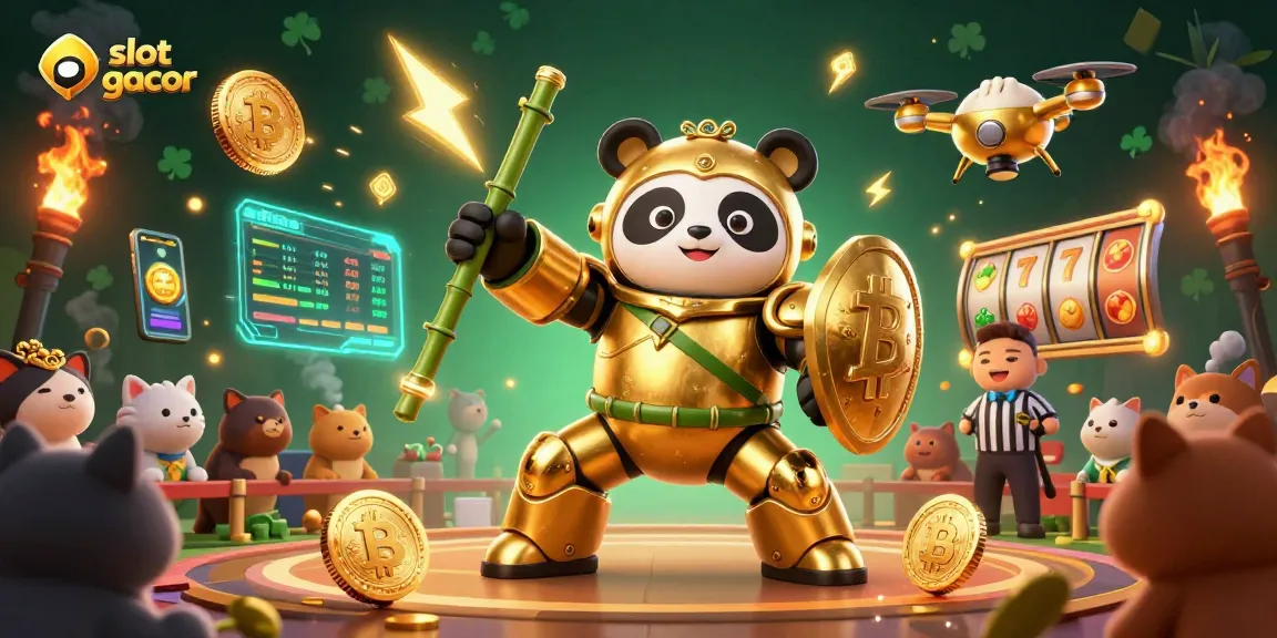 Engage with the vibrant slot gacor scene, featuring a mech-suit panda in action amidst bitcoin coins and slot reels.