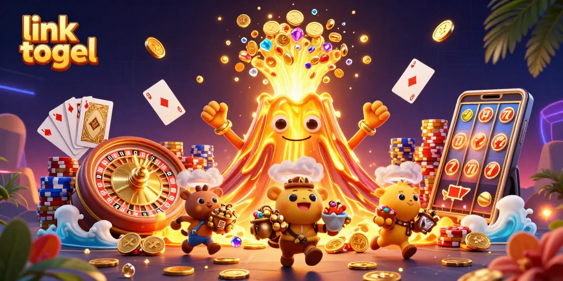Experience link togel thrills in vibrant casino scene with erupting volcano, treasure, and radiant game elements.