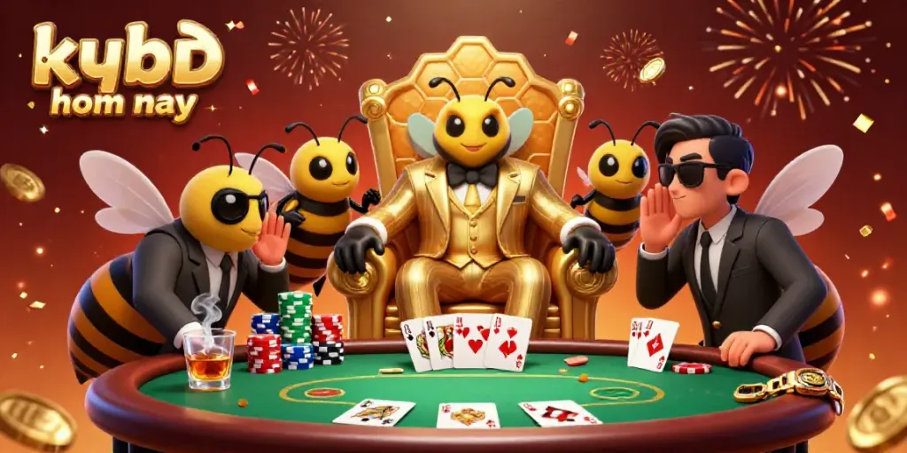 Experience kqbđ hom nay with a vibrant 3D scene featuring a bumblebee mob boss overseeing the poker table.