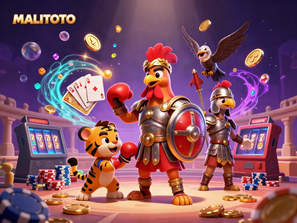 Experience the excitement of MALITOTO with a lively 3D illustration featuring dynamic casino elements and characters.
