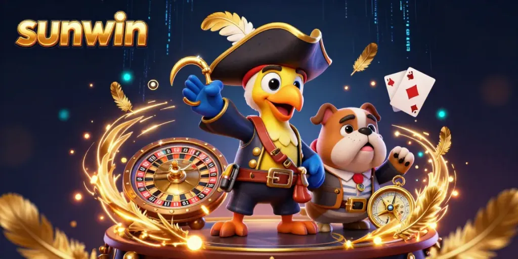 Experience the thrill of sunwin gaming with pirates and vibrant casino elements in 3D illustration.