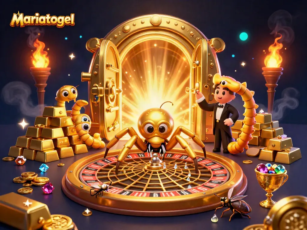 Experience the thrill of mariatogel with a golden spider, roulette wheel, and rich casino treasures.