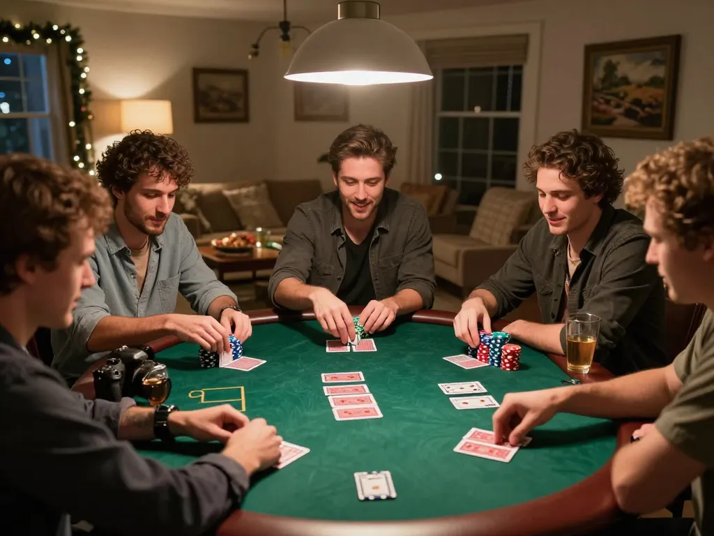 Teman-teman menikmati malam poker yang meriah di rumah, menunjukkan strategi poker hwg500 dan taktik permainan sosial.