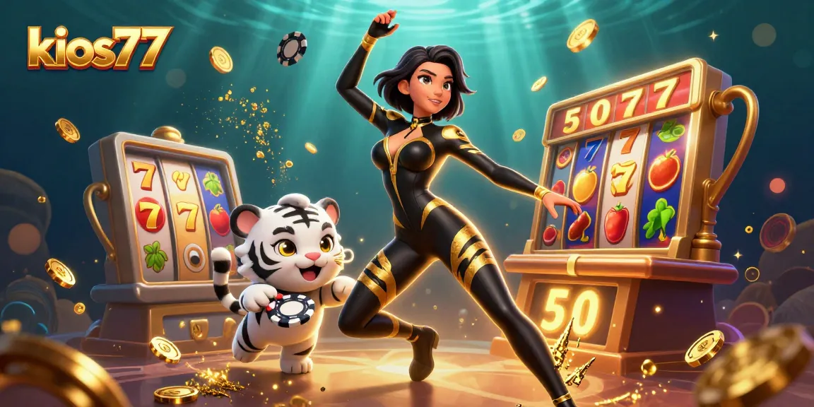 Engage with kios77 in a vibrant 3D casino scene with a glamorous character and dynamic slot machines.