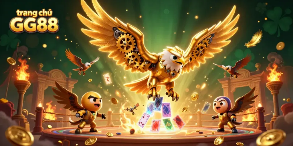 Engaging illustration showcasing trang chủ GG88 with a golden eagle diving through holographic cards amidst casino-themed elements.