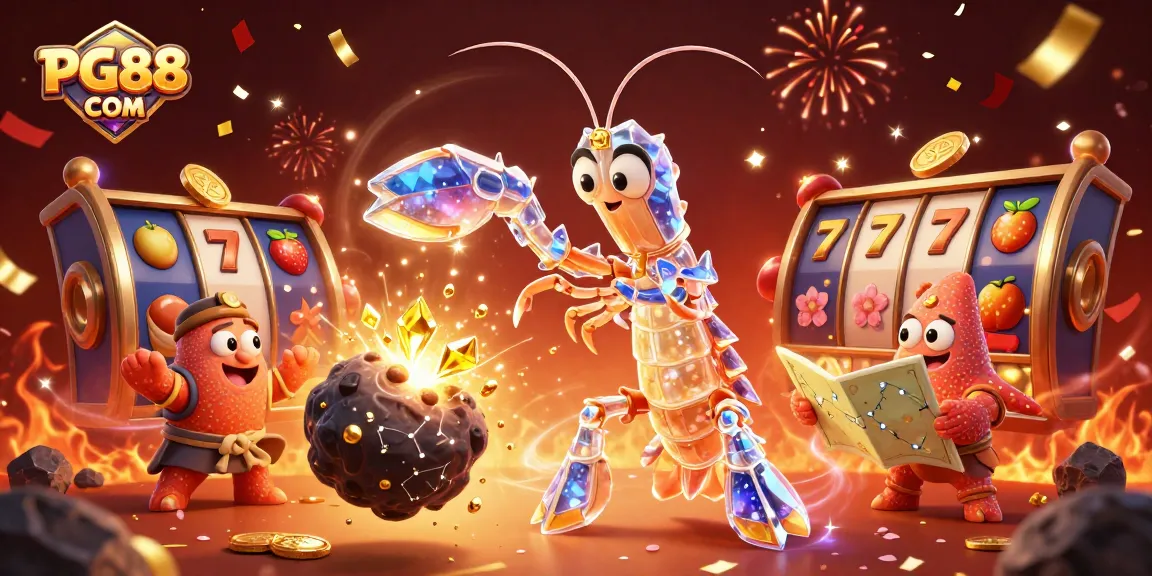 Win big at PG88 COM with an animated scene of a galactic samurai mantis shrimp battling an asteroid for treasures.