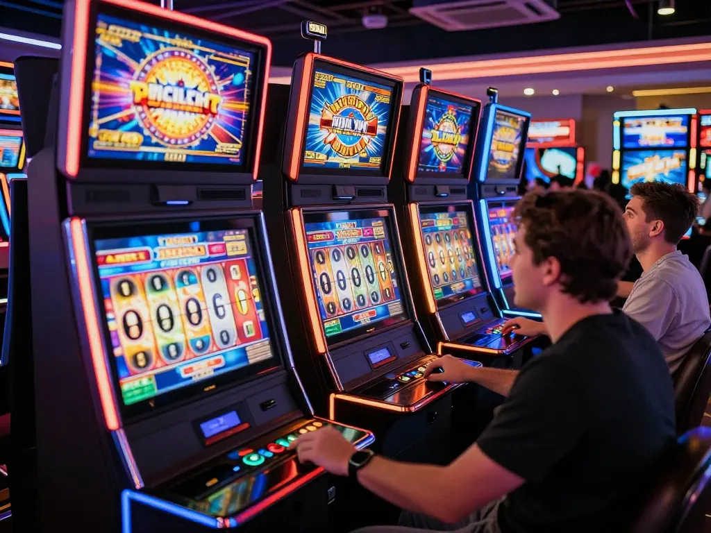 Players engaging with slot machines, pressing spin buttons, in a vibrant casino atmosphere.