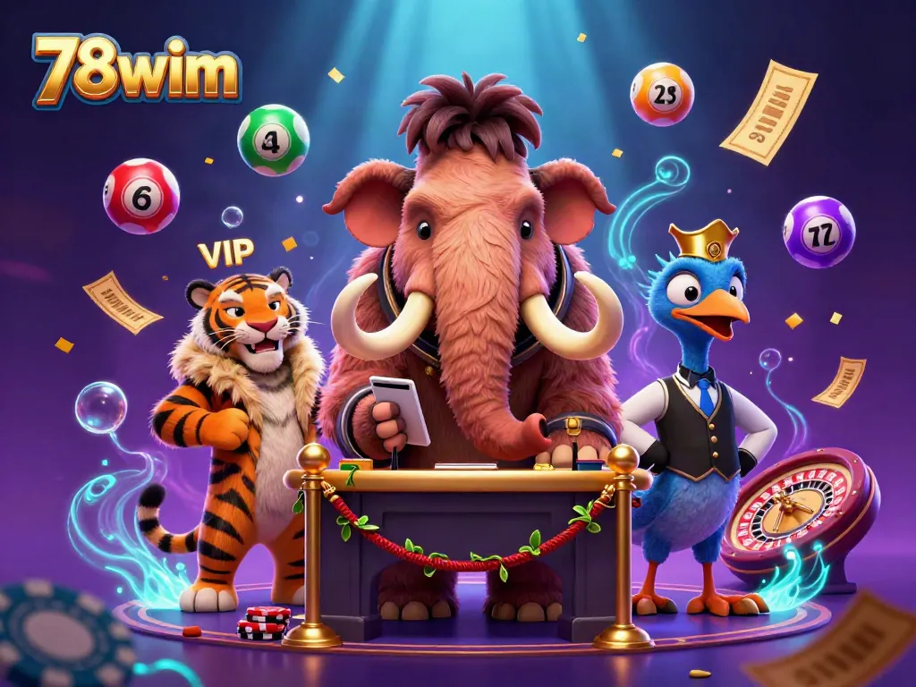 Experience the thrilling environment of 78wim with a colorful casino scene featuring dynamic lottery elements and a vibrant atmosphere.