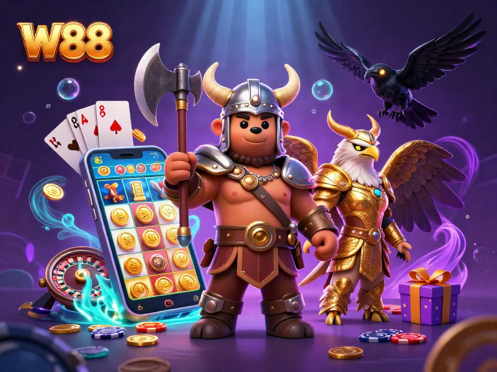 Engage with W88's vibrant slots in this lively depiction of Viking adventures and casino fun.