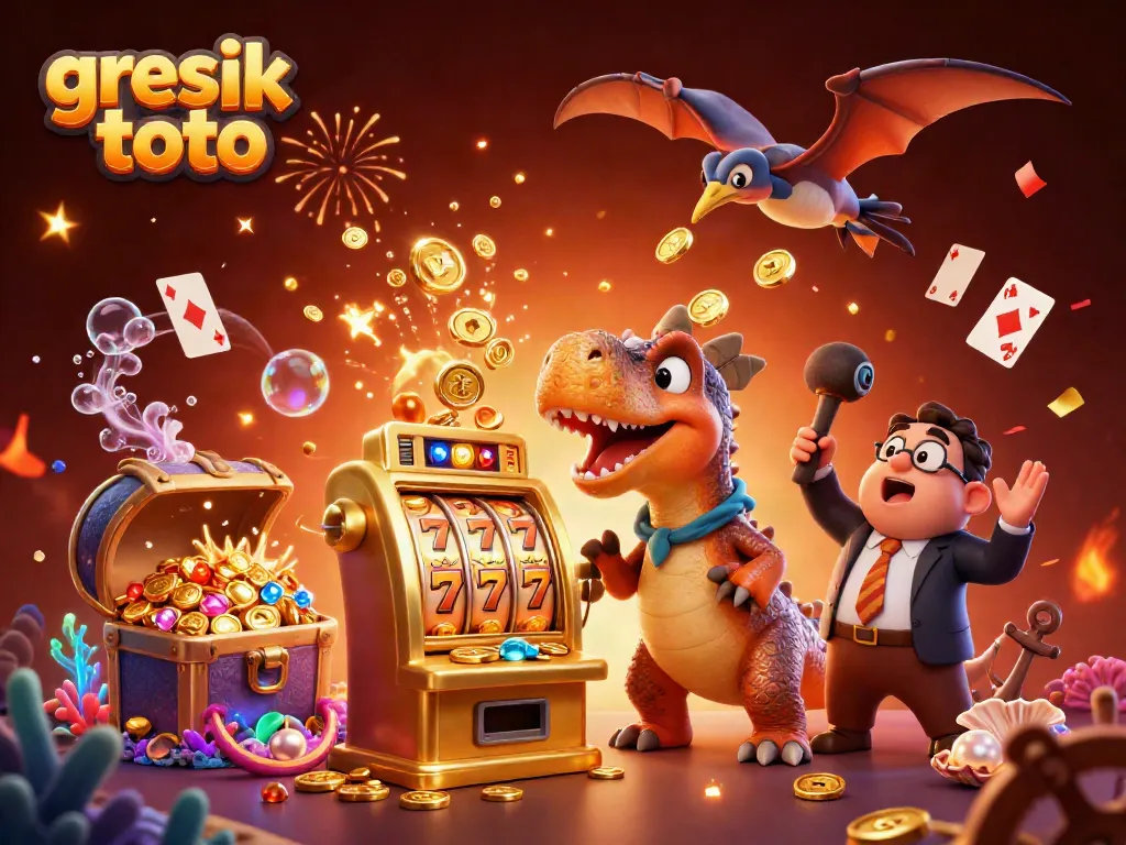 Slot jackpot yang dihasilkan oleh gresik toto, dengan hewan prasejarah dan suasana kasino yang meriah.