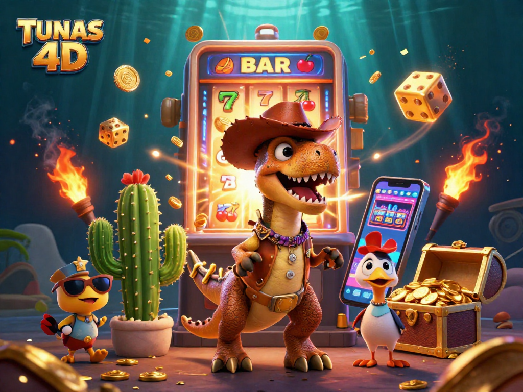 TUNAS 4D showcases a dynamic scene with a T-Rex and friends celebrating a jackpot win in this vibrant casino-themed illustration.