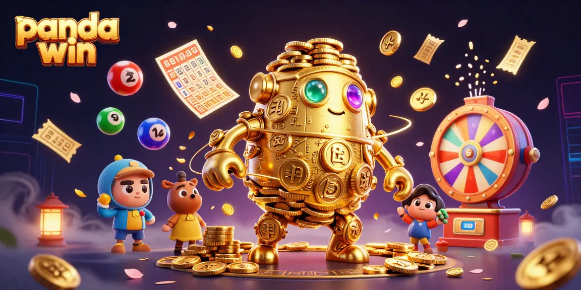 Panda win showcases a vibrant 3D casino scene featuring a golden golem, lottery elements, and dynamic graphics.