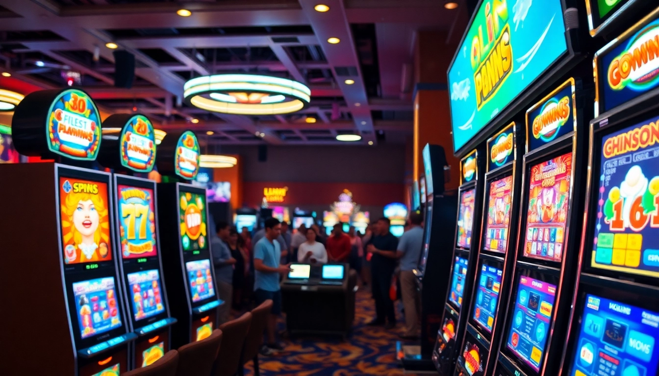 Menang besar dengan slot mesin di kasino yang ramai dan cerah.
