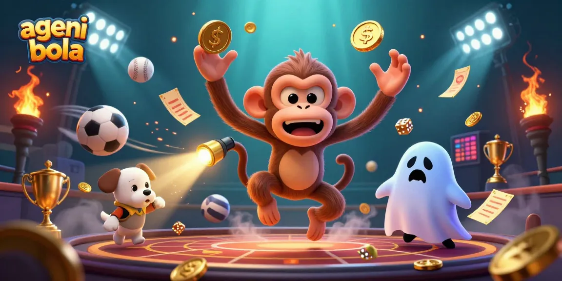 View a dynamic scene of agen judi bola with golden coins, sports balls, and a playful ghost-hunter puppy.