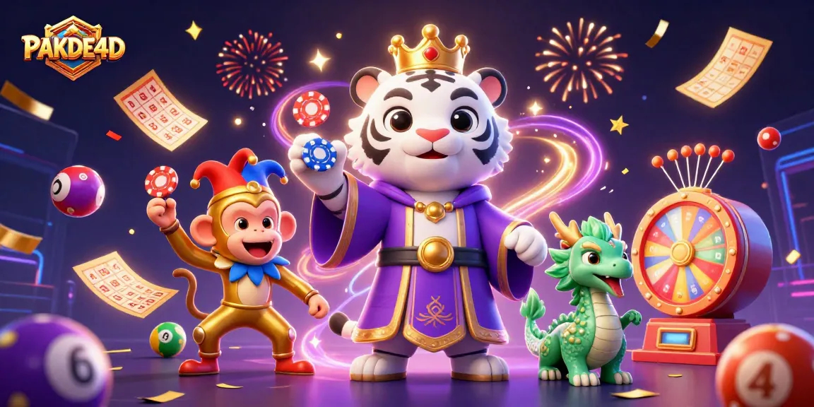 Playful 3D illustration showcasing PAKDE4D lottery vibes with vibrant balls and joyful characters.