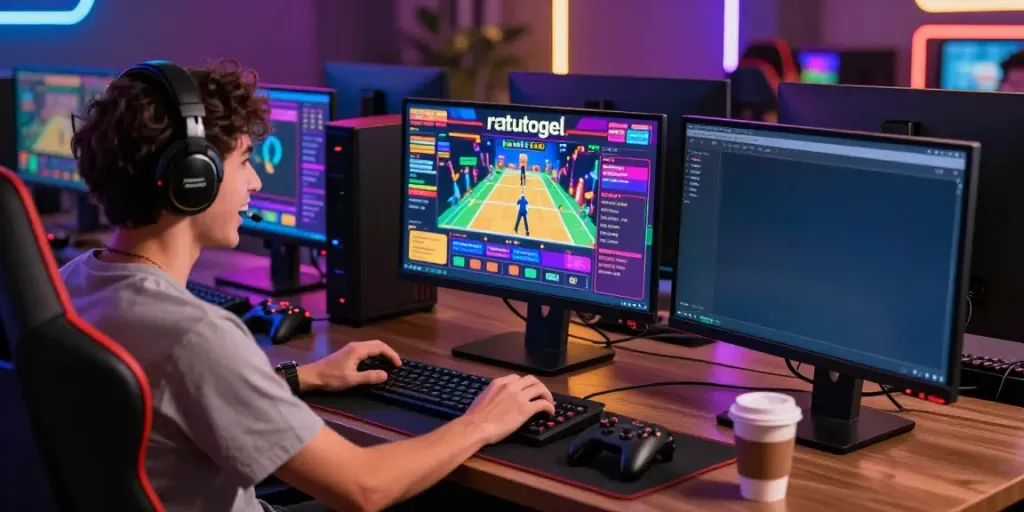 Pemain ratutogel bersemangat di ruang kerja modern dengan layar permainan online yang menarik.
