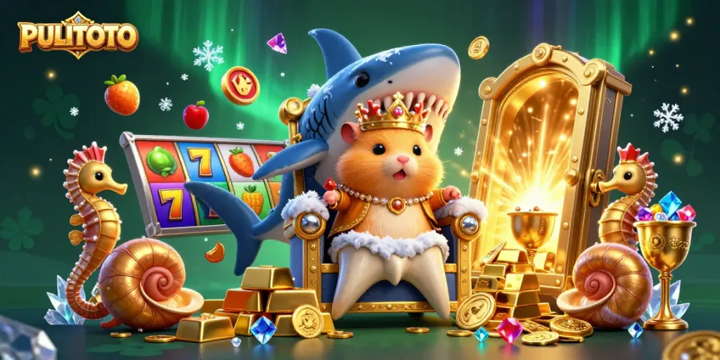 PULITOTO thrills players with a tiny golden hamster king on a megalodon throne amidst slot reels and treasures.