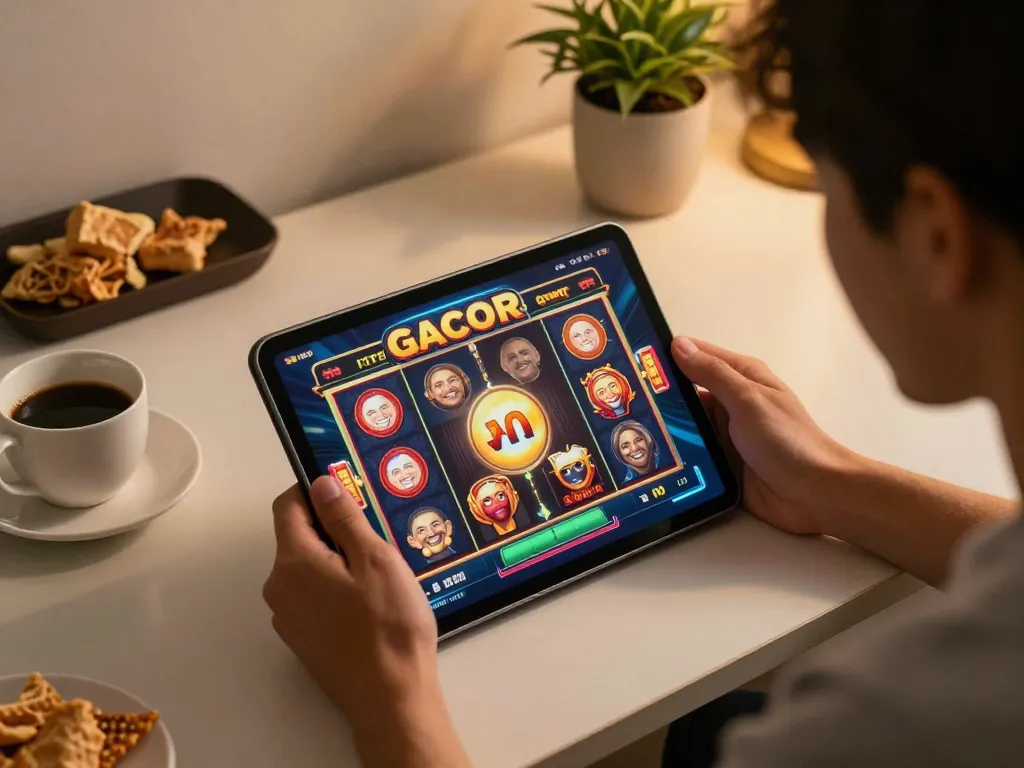 Player engaging with slot gacor on tablet while enjoying cozy home atmosphere, showcasing gaming excitement and online gambling experience.