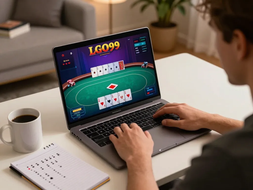 LGO99 player engaging with online poker game on laptop, showcasing strategic gameplay.