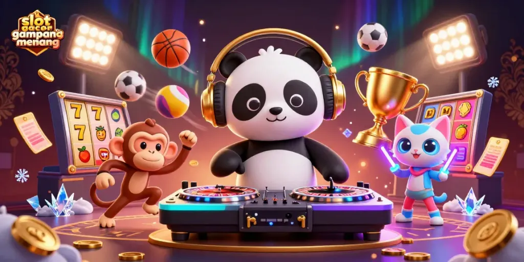 Slot gacor gampang menang, karakter kartun DJ panda, monyet menari, dan kucing bersinar dalam ilustrasi kasino yang berwarna-warni.