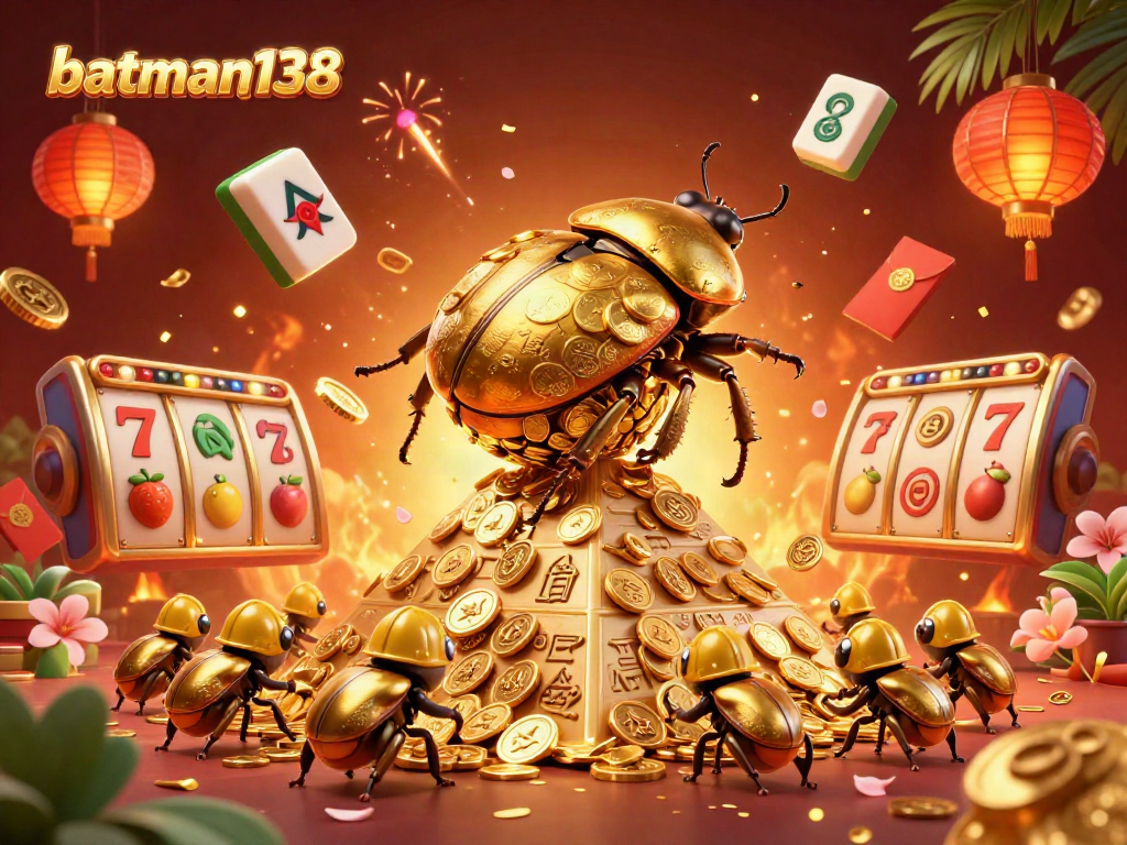 Engage with batman138's vibrant casino world featuring dynamic slot reels, lucky 7s, and golden coins.