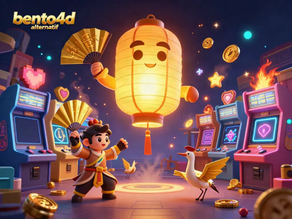 An engaging scene depicting the bento4d alternatif with a golden lantern spirit, arcade machines, and vibrant game elements.
