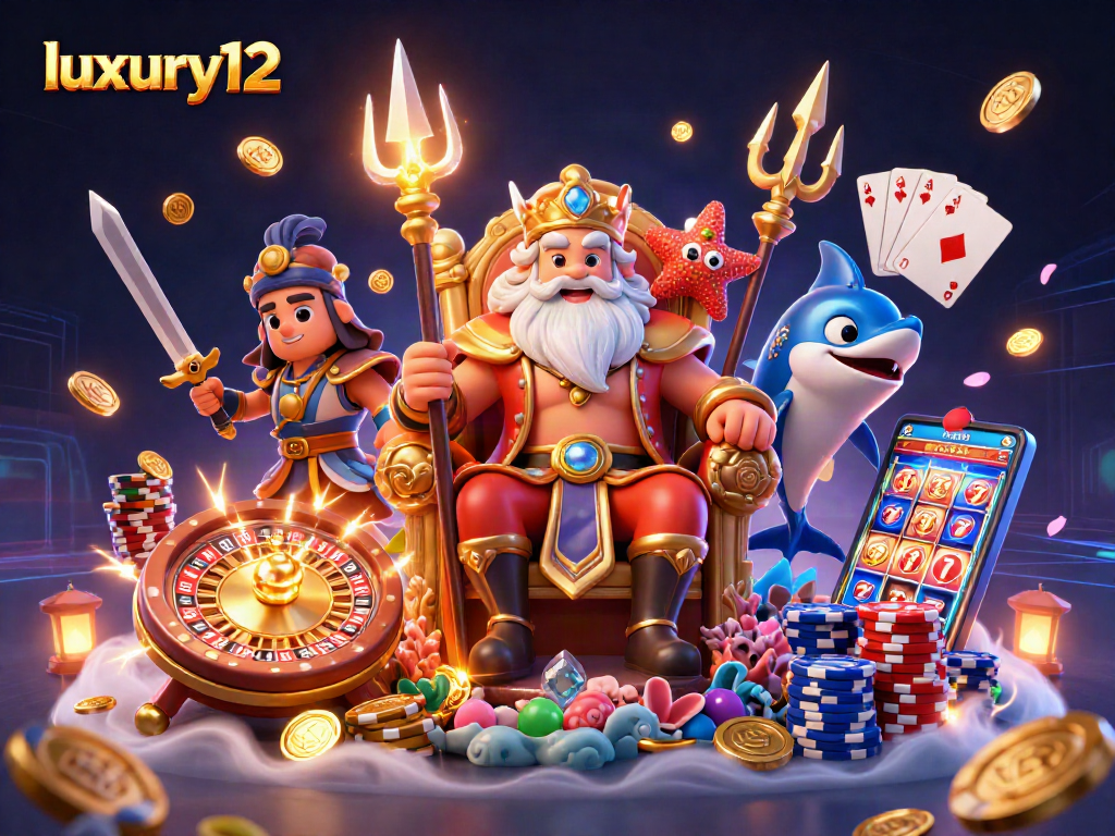 Experience luxury12 gaming with Neptune and samurai amidst dazzling casino action.