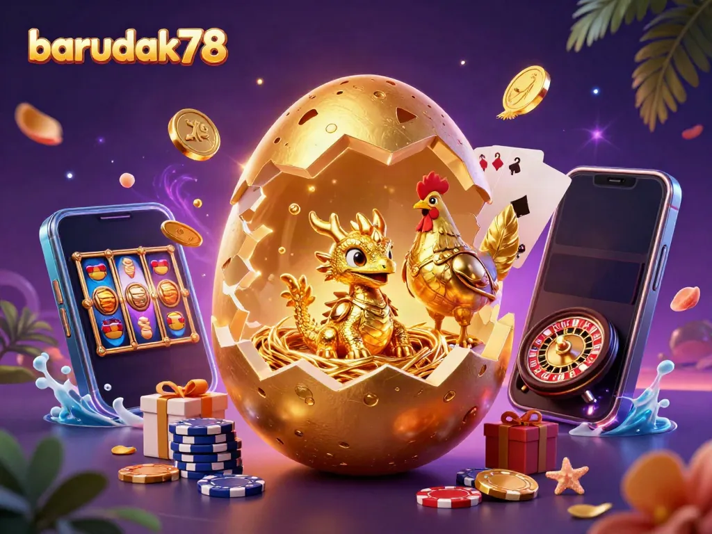 Barudak78 menghadirkan ilustrasi kasino 3D dengan naga emas dan chip, penuh elemen perjudian.