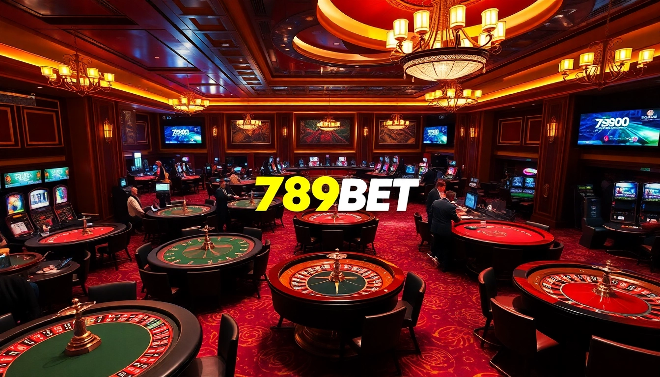 Exciting moment at 789BET casino with players at poker tables and roulette wheel.