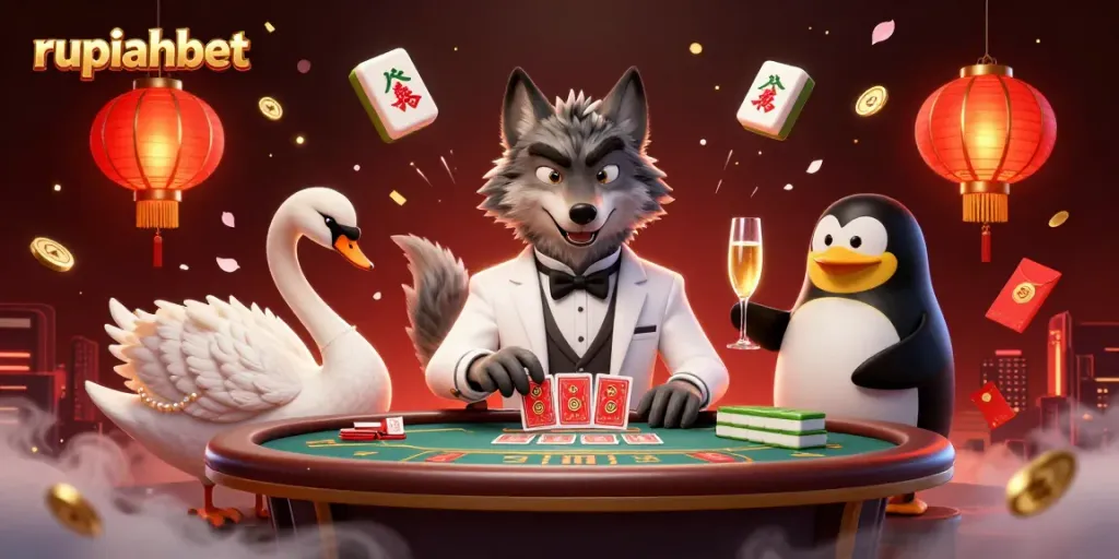 Experience the excitement of rupiahbet through a vibrant casino scene featuring charming characters and festive game elements.