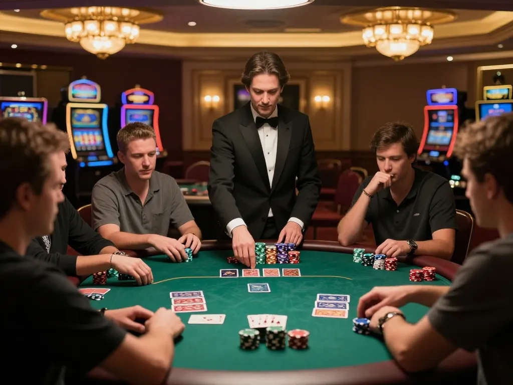 Watch players strategizing their moves at the vuasanco poker table with vibrant gaming atmosphere.