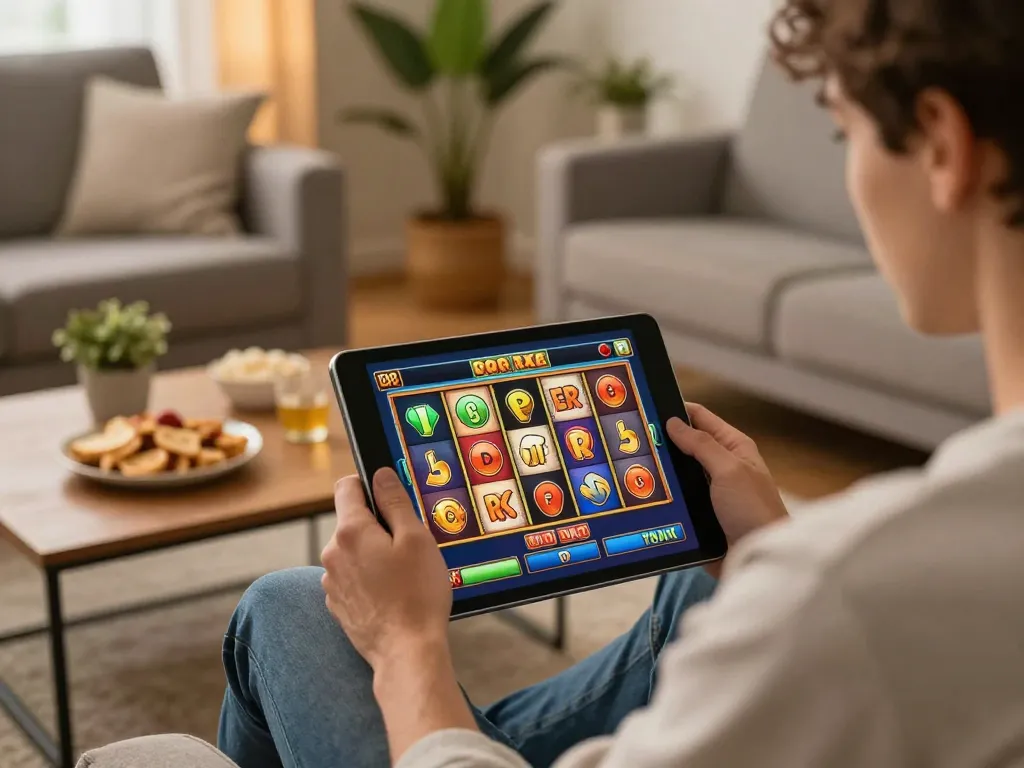 Engaging with slot gacor gampang menang game on tablet in a cozy living room.