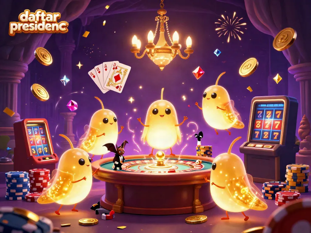 Experience the vibrant daftar presidencc casino atmosphere with illuminated glowworms, roulette, and coins.