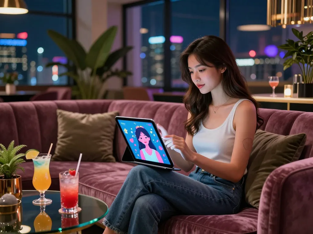 A young woman engaging in an ai 18+ conversation with a virtual girlfriend in a vibrant lounge, showcasing digital avatars and a lively social atmosphere.