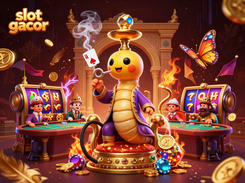 Experience the thrill of slot gacor with a vibrant casino scene featuring a whimsical caterpillar in a sultan outfit.