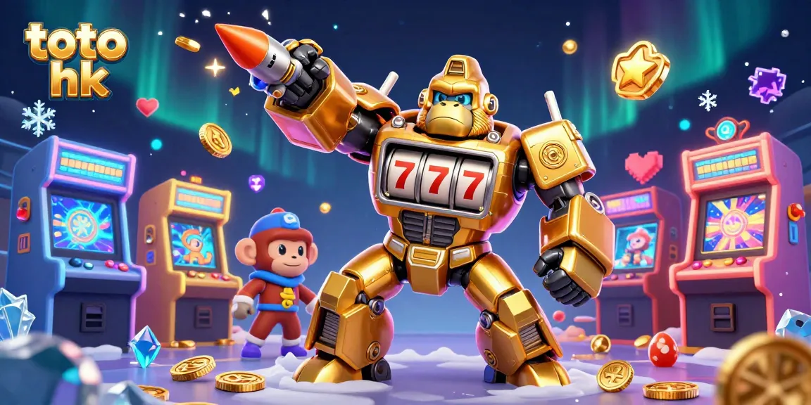 Ilustrasi 3D toto hk yang menampilkan karakter gorila emas sebagai mesin slot dengan latar belakang kasino.