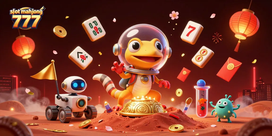 Experience the excitement of slot mahjong 777 with a vibrant 3D illustration featuring a Martian gecko in a casino.