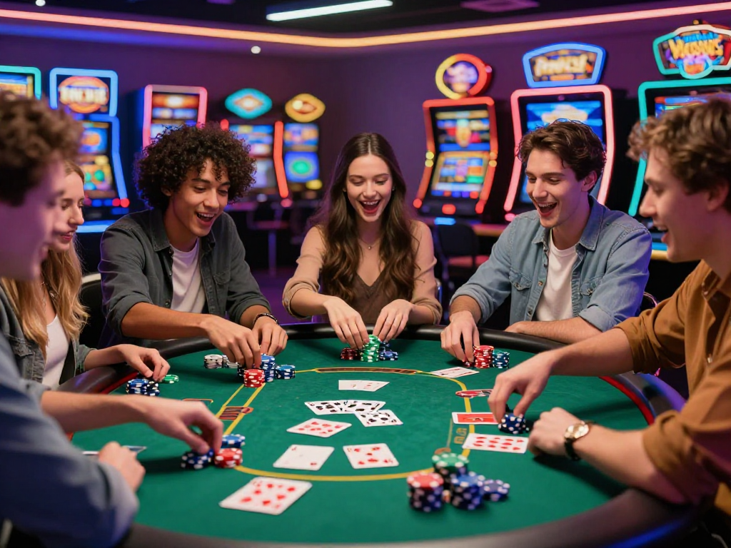Ratutogel di kasino yang meriah dengan meja poker dan teman-teman.